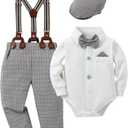 DISAUR Baby Boy Clothes Suits 4PCS Gentleman Outfit Dress Romper Beret Hat Suspender Pants Bow Tie Wedding Set (18-24 Months, White/Grey)
