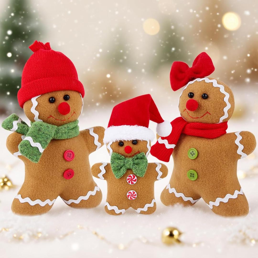 3PCS Gingerbread Man Plush Christmas Decorations Indoor, Gingerbread Stuffed Animal Dolls with Santa Hat Bowknot, Christmas Gingerbread Ornaments Gifts, Xmas Holiday Home Decor