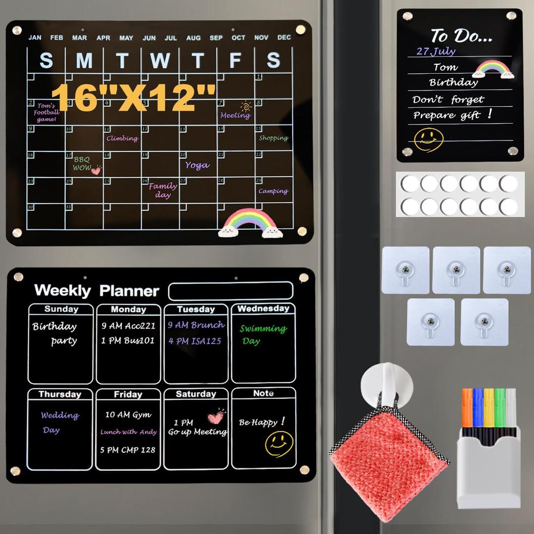 2025 Acrylic Board for Fridge Black Magnetic Calendar for Refrigerator Dry Erase,Weekly and Monthly Planner Magnet Chalkboard Set with 5 Markers, Pen Holder