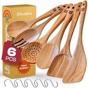 Pack of 2, Riveira's 6-Piece Kitchen Essentials - Wooden Spoons for Cooking and Comprehensive Cooking Utensils Set