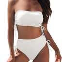 Pink Queen Women's 2 Piece High Waisted Bikini Sets Ribbed Bandeau Ruched Drawstring Swimsuit Bathing Suit (Large, White)