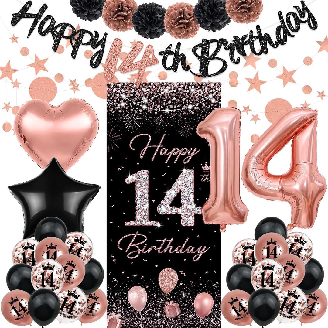 Rose Gold 14th Birthday Decorations - Happy Birthday Banner, Backdrop, Balloons, Pompoms & Star Streamers