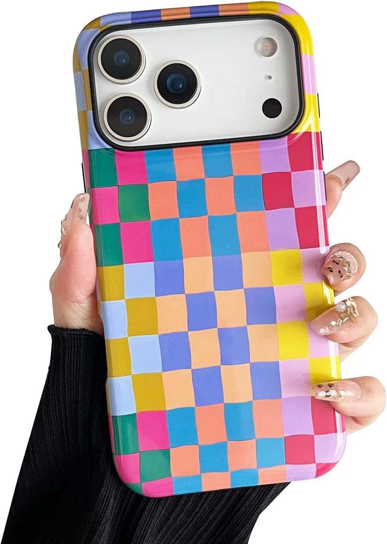 Compatible with iPhone 17 Pro Max Case, Cute Colorful Checkered Case with Shockproof Slim Soft TPU and Hard PC Protective Cover for Women/Men Designed for iPhone 17 Pro Max 6.9'', Colorful 2