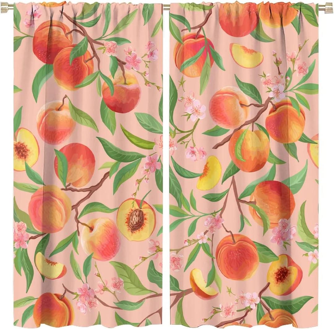 Fruit Blackout Curtains Pink Cute Peach Green Leaves Flower Retro Art Print for Girl Bedroom Kitchen Decor Rod Pocket Window Drapes 2 Panels 42x45in