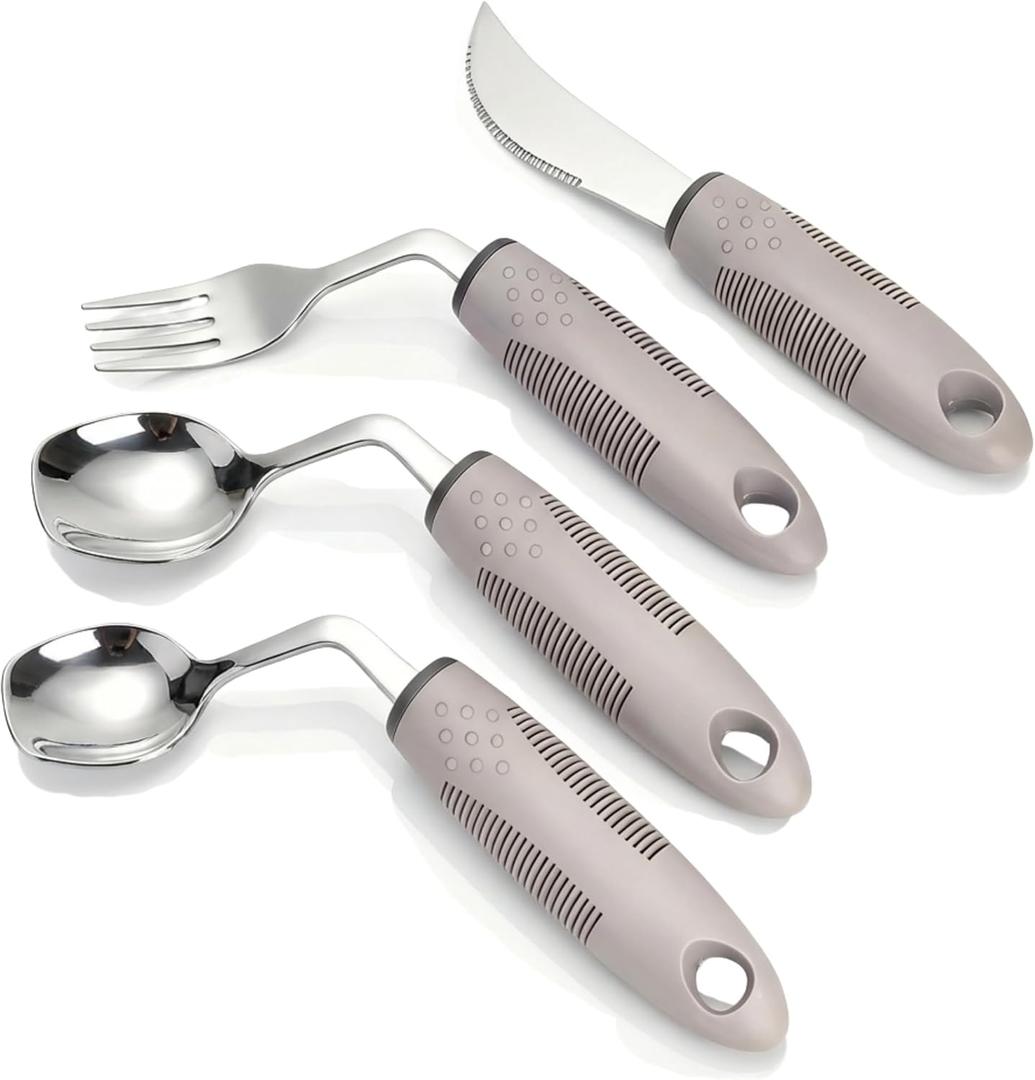 4-Piece Adaptive Utensils Set with Rocker Knife & Shovel Spoon - 42 Angled Parkinson's Utensils, 2.5 oz Weighted Silverware for Hand Tremors and Arthritis, Adaptive Eating Utensils (Grey Right-handed)
