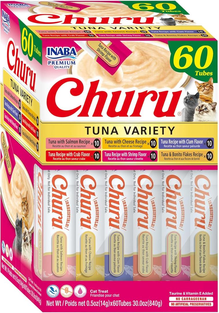 INABA Churu Cat Treats, Grain-Free, Lickable, Squeezable Creamy Pure Cat Treat/Topper, 60 Servings, Tuna Variety Box (0.5 Ounce (Pack of 60))
