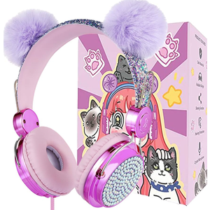 charlxee Kids Pom Headphones with Mic for Travel/Car/Plane,Added 85DB Limit Function&Shareport,Unicorns Gifts for Girls,On/Over Ear HD Stereo Wired Headsets with Nylon CableHotPurple