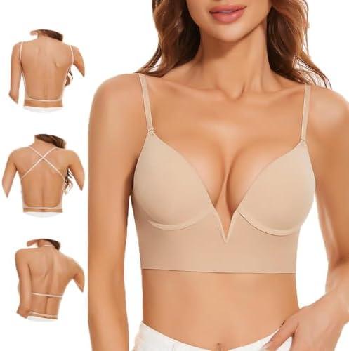 Women Low Back Bras-Invisible Backless Bra-Seamless Secret Plunge No Show Bra Multiway Low Cut Deep-V Halter Bras, 32D