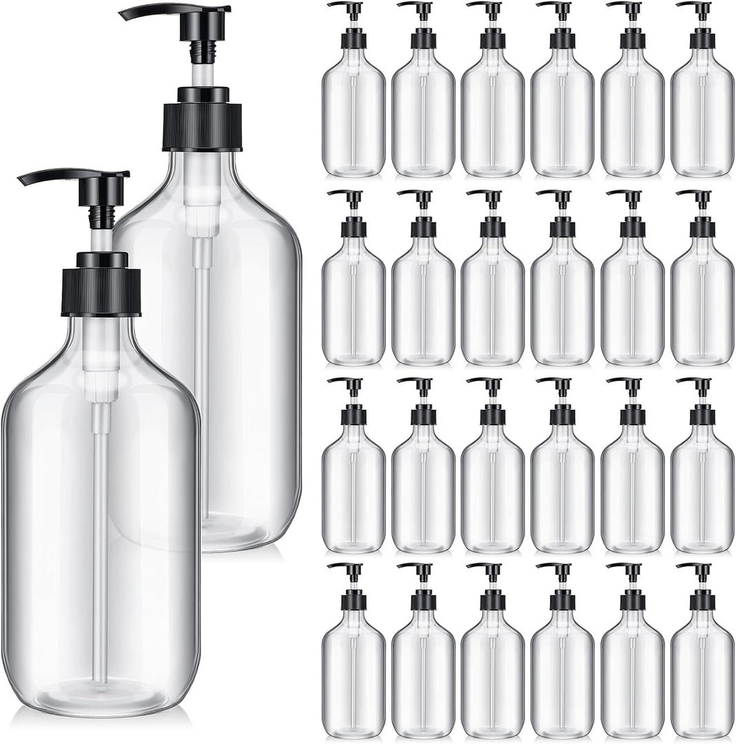 Tessco for You 24 Pcs Clear Soap Dispenser Empty Plastic Pump Bottles Refillable Shampoo Container for Hand Sanitizer Soap Lotion Body Wash Conditioner Bathroom Kitchen Travel, 16.9oz