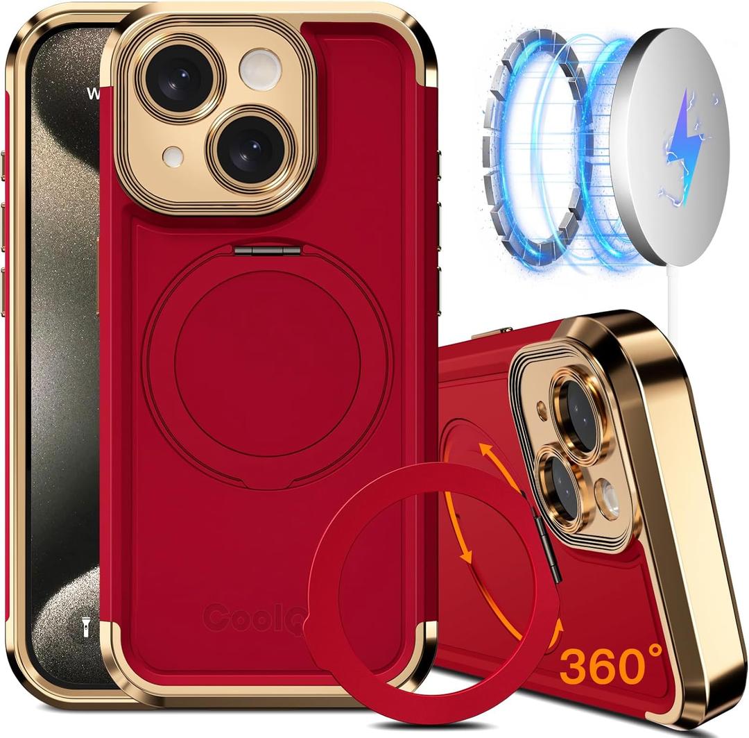 COOLQO for iPhone 14 Case 6.1'' Upgraded 360 Spin Magnetic Stand [Compatible with Magsafe][Military Grade Drop Protection] Shockproof Protective Phone Holder Cover for iPhone 14, Red Gold