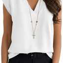 Lynwitkui Women's V Neck Chiffon Blouses Cap Sleeve Shirts Casual Loose Work Office Solid Tops (White, L)