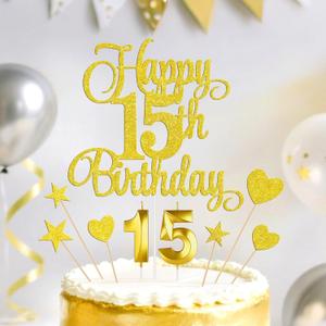 Gold Happy 15th Birthday Cake Decorations, Glitter 15th Birthday Cake Toppers Set and Numeral 15 Candles for Birthday Party Supplies, Heart Star Cupcake Decorations