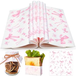 Marspark 100 Sheet Pink Bow Wax Paper Coquette Ribbon Bowknot Wrapping 11.4 x 11 Inches Lovely Pink Tissue Paper for Sandwich Burgers Greaseproof Wrapping for Picnic Birthday Wedding Party Packing