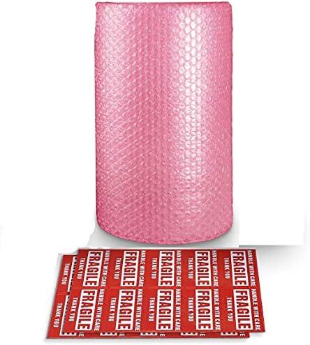 Anti-Static Bubble Cushioning Wrap Rolls, 3/16" x 12" x 15' ft Total, Perforated Every 12" Included 10 Fragile Stickers for Packaging, Shipping, Mailing [Pink]