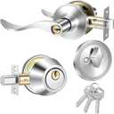 Front Door Lever Lockset with Single Cylinder Deadbolt Combination Set, Front Door Handle and Deadbolt Set, Exterior Doors Knob with Lock and Deadbolts