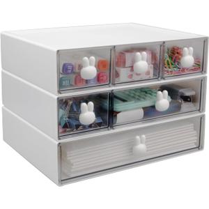 3 Packs Stackable Desk Organizer Drawers, Plastic Desktop Organizer Storage Drawers, Makeup Organizer Drawers with 6 Drawers and 9 Rabbit Handles for Home, School, Dressing Table (Small)