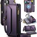 Strapurs for iPhone 15 Detachable Wallet Case Compatible with Magsafe for Women, RFID Blocking 9-Card Holder Zipper Wrist Strap Lanyard PU Leather Magnetic Phone Case for iPhone 15 6.1", Purple
