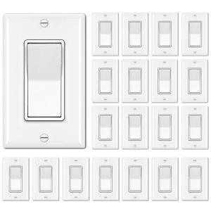 BESTTEN 20 Pack Single Pole Decorator Wall Light Switch with Wallplate, 15A 120/277V, On/Off Rocker Paddle Interrupter, UL Listed, White