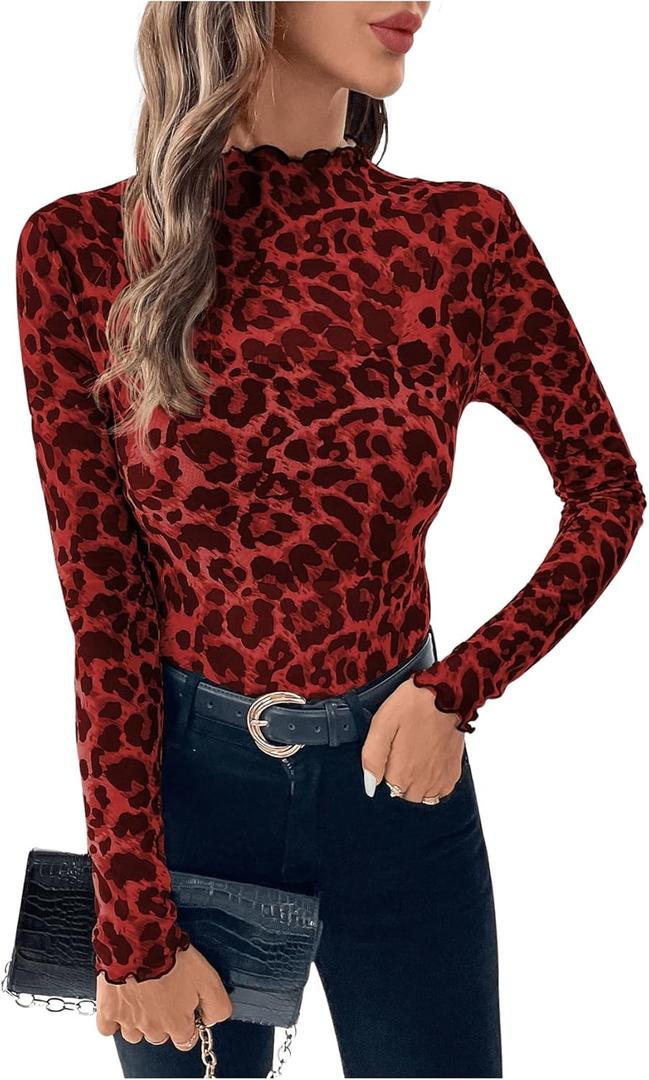 WDIRARA Women's Sheer Leopard Print Lettuce Trim Top Mock Neck Long Sleeve T Shirt Mesh Crop Tops (Large, Burgundy)