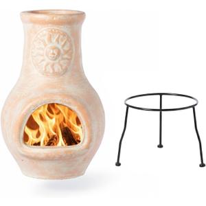 Outdoor Beige Clay Chiminea Outdoor Fireplace Sun Design Charcoal Burning Fire Pit with Sturdy Metal Stand, Barbecue, Cocktail Party, Family Gathering, Cozy Nights Fire Pit