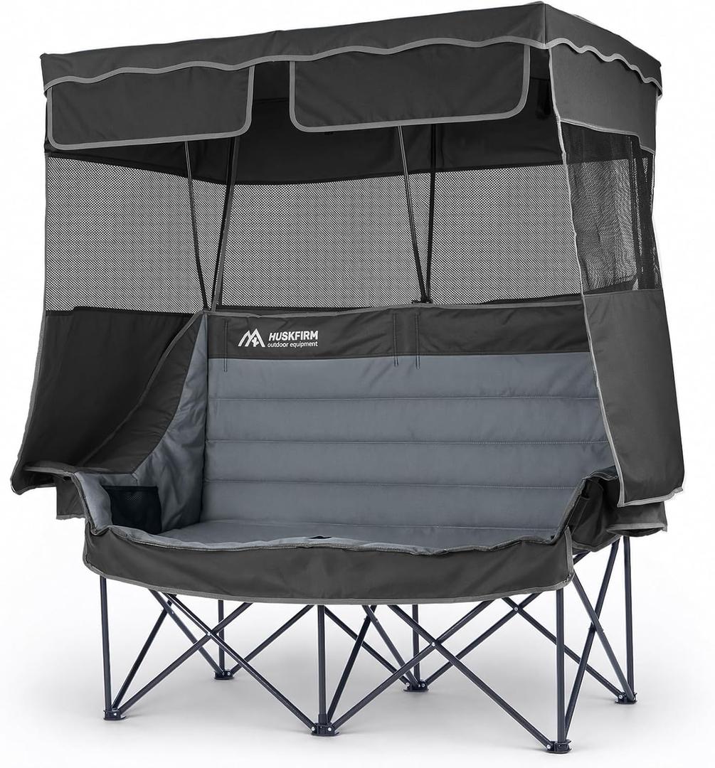 Huskfirm Double Camping Chair with Canopy Shade Folding Camping Couch Black | Oversized Double Beach Chair with Canopy for Larger Users, Heavy Duty Camping Loveseat with 2 Cup Holders & Carry Bag