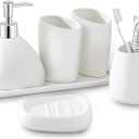Ceramic Bathroom Accessory Set with Ceramic Tray, 6 Pieces Bathroom Countertop Accessory Set, Include Soap Dispenser, Toothbrush Holder, 2 Tumbler, Soap Dish, Vanity Tray, White