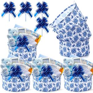 4 Pack Chinoiserie Gift Basket Blue and White Basket Empty with Gift Bag Ribbons Collapsible Decorative Storage Baskets Bin with Handles for Baby Shower Bachelorette Wedding