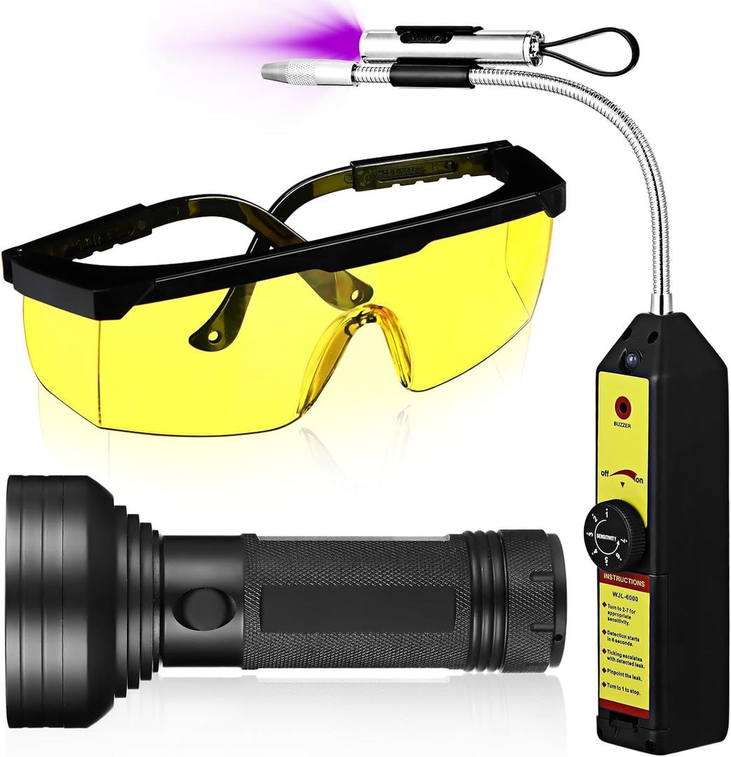 Ac Leak Detector Kit Tool Wjl-6000 Refrigerant Leak Detector with 68 LED UV Flashlight and Yellow UV Protective Glasses for HVAC Air Conditioner R22 R410a R134a(Yellow)
