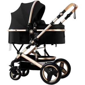 2 in 1 Convertible Baby Stroller with Bassinet Mode Foldable Infant Stroller Newborn Stroller with Reversible Seat Travel Pram Baby Carriage with Big Rubber Wheels (Black)