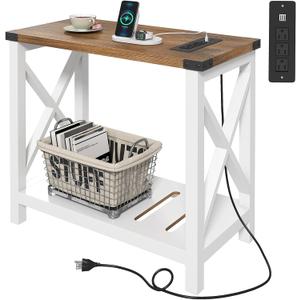 Hadulcet Farmhouse Side Table with Storage Shelf - Narrow End Table with Charging Station, Slim End Tables Living Room, Rustic X-Design Nightstand for Bedroom, Small Space, White & Brown
