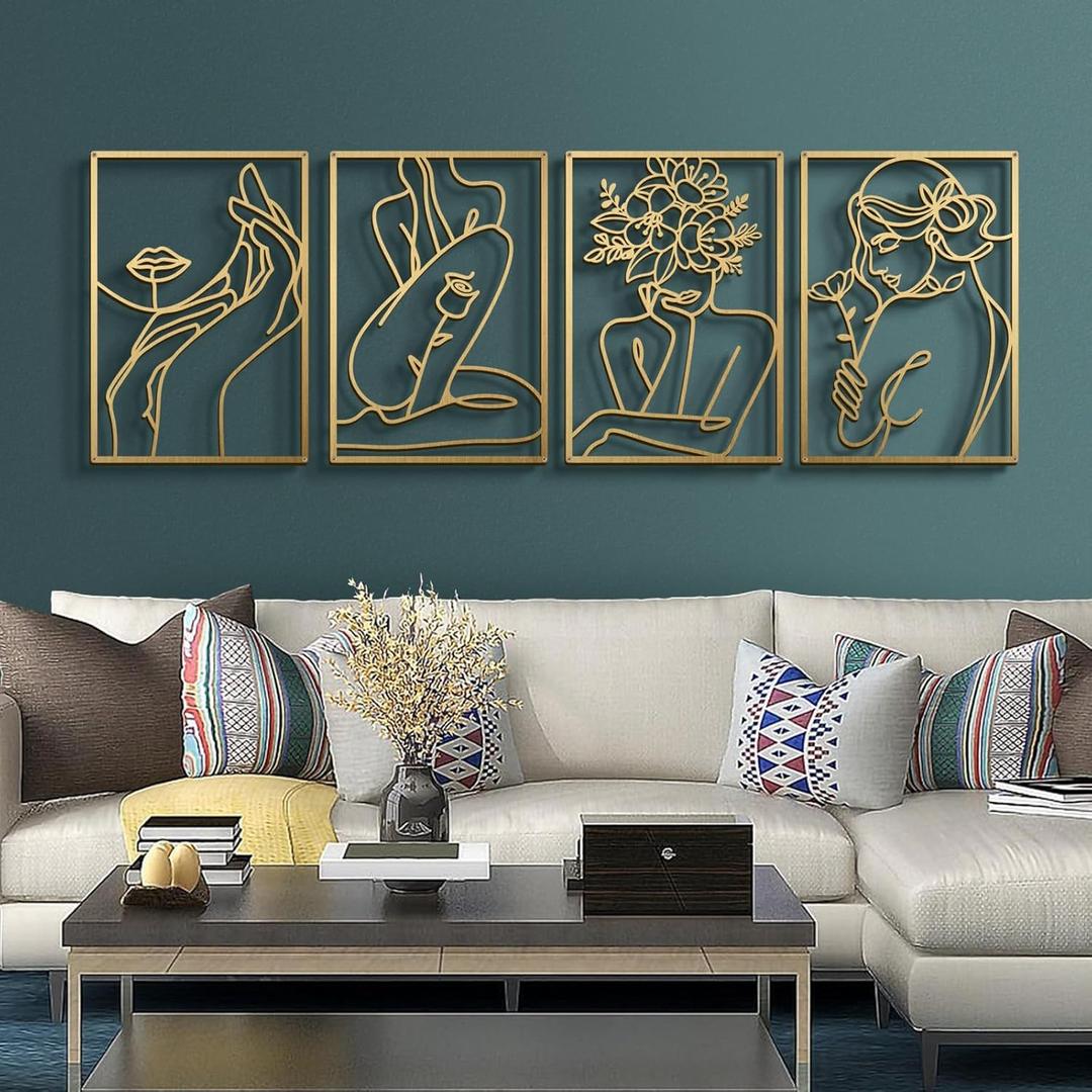 Bakovity Gold Metal Wall Art, Abstract Flower Line Sculpture, Gold Minimalist Modern Wall Decor for Living Room, Bedroom, Bathroom (4 Pieces, 17 x 12 Inches) (Gold Elegant Style)