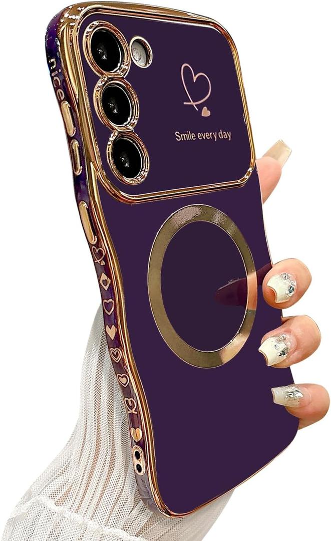 ZONRW for Samsung Galaxy S23 Case Magnetic,for Women Girls Soft Cute Wave Frame Curly Shape Love Heart Luxury Plating Phone Case Compatible with MagSafe Shockproof Back Cover 6.1"-Dark Purple