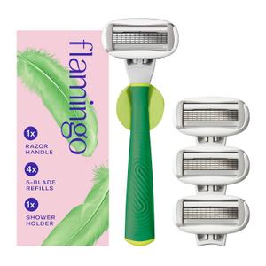 Flamingo Shaving Razor Set for Women - Original Razor Handle, 4 Blade Refills, and Shower Holder - Matcha
