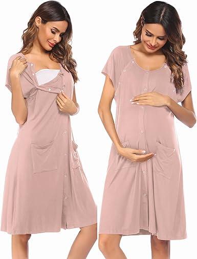 Ekouaer 3 in 1 Labor/Delivery/Hospital Gown Nursing Dress Maternity Nightgown Sleepwear for Breastfeeding with Button S-XXL (Dirty Pink, XXL)