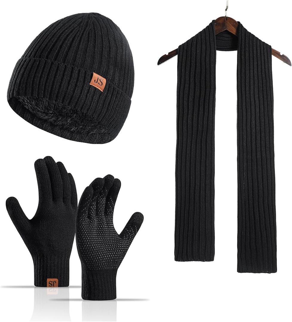Winter Hats Scarf Set for Men Touchscreen Gloves Warm Knit Beanie Hat Scarves with Fleece Lined Cap (Black)