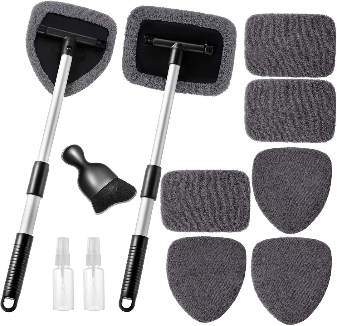 Qydipclin 11pcs Windshield Cleaner Tool, Car Window Cleaning Wash Kit with 6 Reusable Microfiber Pads 2 Spray Bottles and Extendable Handles Auto Glass Wiper Kit, Gray