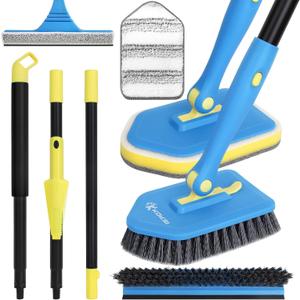 Tile Tub Scrubber Brush with 5 Different Function Cleaning Heads and 51" Extendable Long Handle Non Scratch Shower Scrubber for Cleaning Bathroom Kitchen Toilet Wall Bathtub Sink