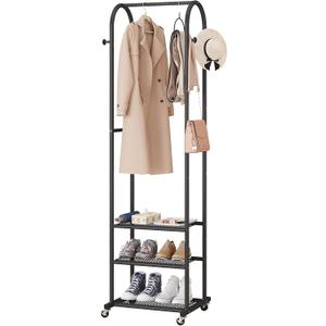Hall Tree with Wheels and Hanging Hooks,Heavy-Duty Metal Coat Rack with Shoe Shelves,3-in-1 Narrow Entryway Storage for Small Space,Suitable for Hallway,Bedroom and Bathroom,Black