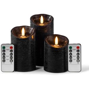 Pack of 3 Black Regular Textured LED Flameless Flickering Battery Operated Candles with Remote and Timer, Real Wax Pillar Candles for Festival Wedding Halloween Christmas Home Party Decor