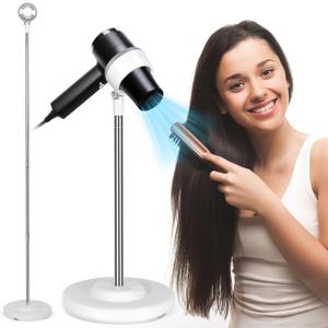 Hands Free Hair Dryer Stand, Adjustable Height Hair Dryer Holder with Base, 180-Degree Rotating Blow Dryer Stand for Bathroom, Makeup Room, Vanity, Salon, White