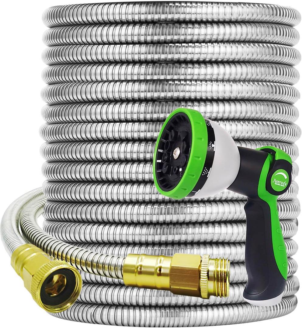 Garden Hose 100ft Water Hose with 10 Function Hose Nozzle Sprayer, Metal Flexible Lightweight Hose Stainless Steel, RV, Marine and Camper Hose, Drinking Water Safe, 3/4" Solid Fittings