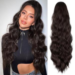Ponytail Extension, 26 Inch Long Wavy Drawstring Ponytail for Women Dark Brown Pony Tail Hair Extension Synthetic Ponytail Hairpiece for Daily Use