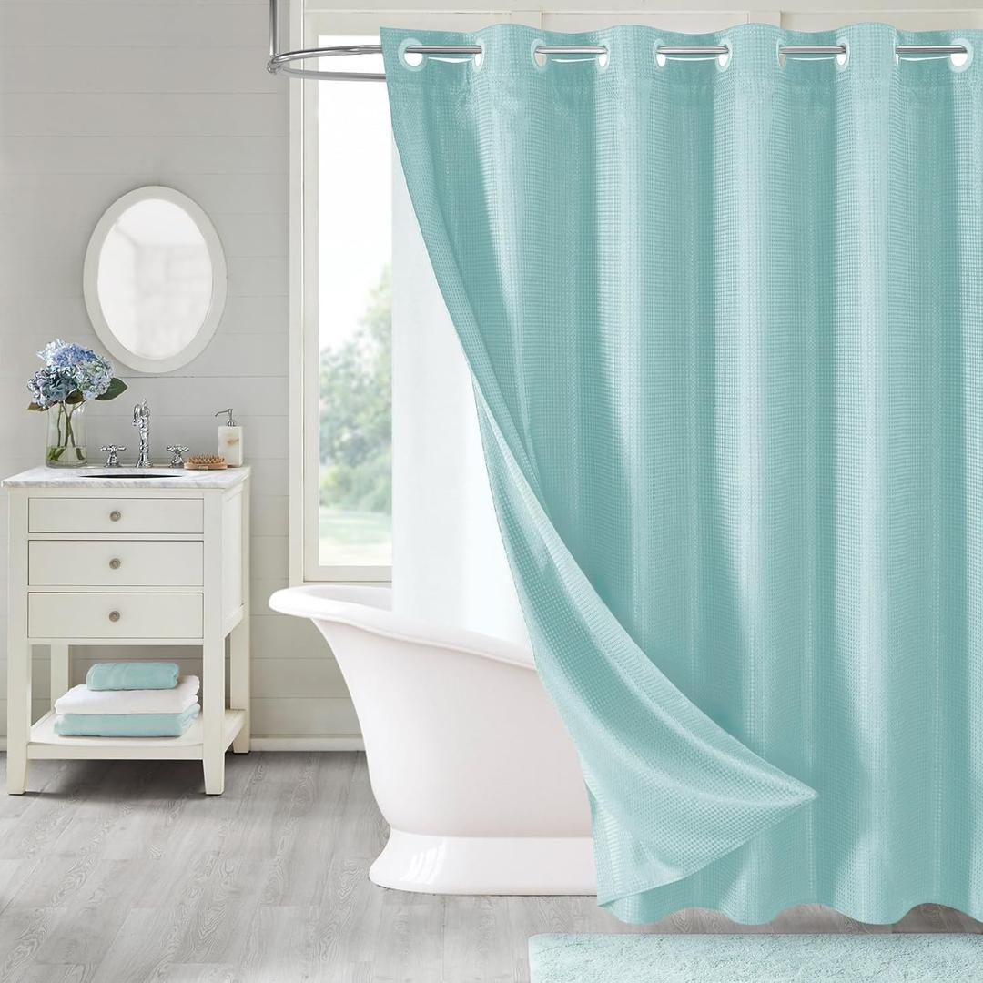 MitoVilla Teal No Hooks Needed Waffle Shower Curtain Liner Set, Turquoise Modern Waffle Weave Heavy Fabric Cloth Shower Curtain with Snap-in Liner for Aqua Luxury Neutral Hotel Spa Bathroom Decor (72"W x 74"L (Pack of 1))