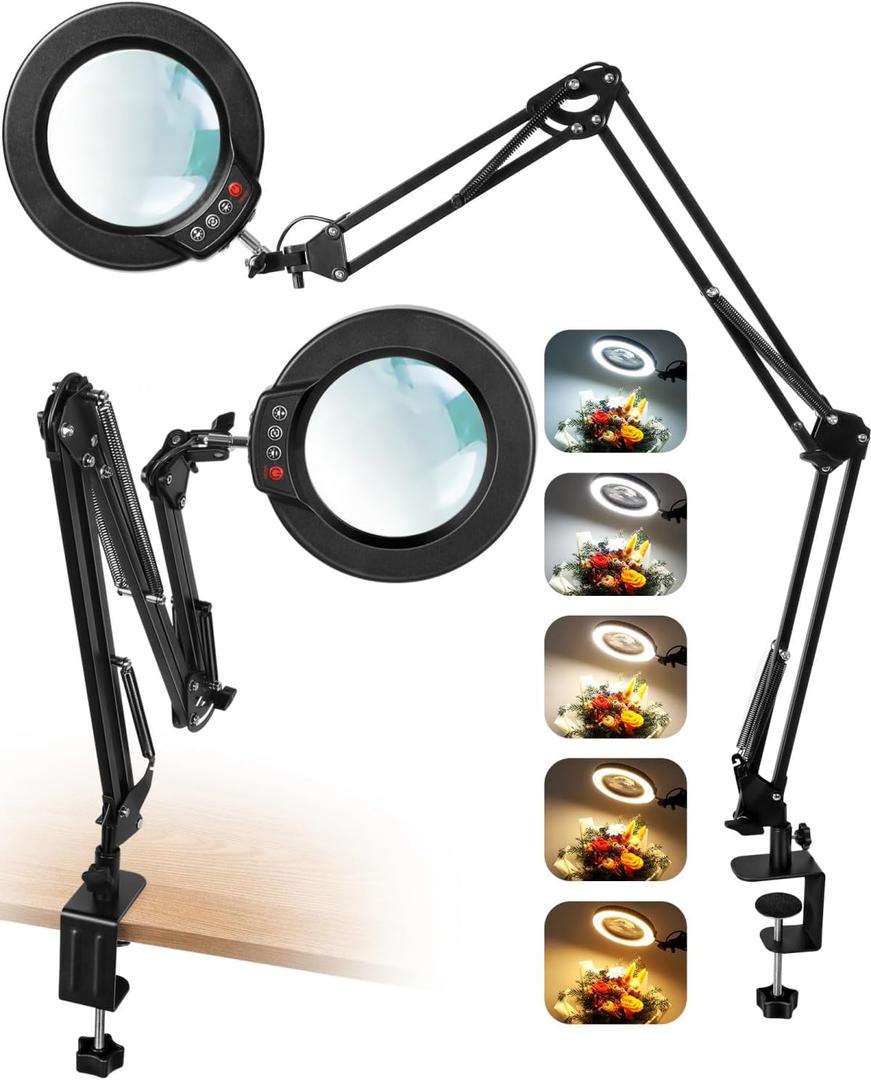 10X Magnifying Glass with Light and Clamp, Ultra Long 3 Section Swing Arm LED Desk Lamp, Real Glass Lens, 5 Color Modes Dimmable, Hands Free Lighted Magnifier with Stand for Repair Craft Close Work (Black)