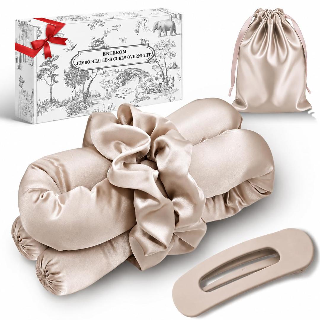 EnteromMuse Jumbo Heatless Curls Overnight Heatless Hair Curler – Oversized Heatless Curling Rod, No Heat Damage Hair Curler for Voluminous Curls, Rollers & Curls Set with Satin Fabric(Beige, Jumbo)