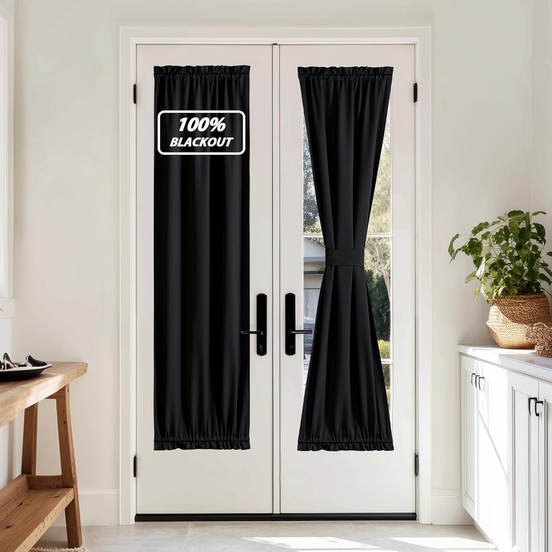 NICETOWN French Door Curtains for Door Window, 100% Blackout Privacy Thermal Insulated Window Covering for French Front Glass, 1 Panel, Black, 25 x 72 inches Long