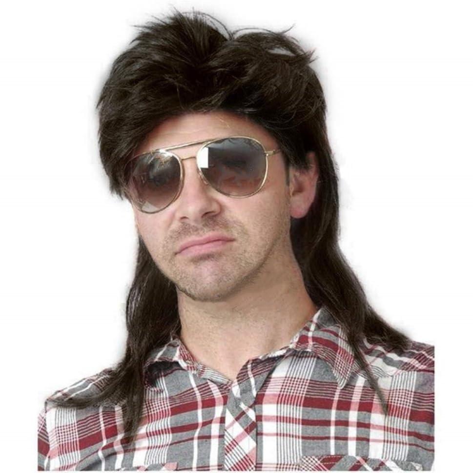 Swiking Mullet Wigs for Men Black Retro 70s 80s Disco Rocker Curly Punk Fancy Party Halloween Cosplay Costume Replacement Full Wigs(Black)