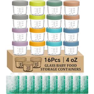 16 pcak Glass Baby Food Storage Containers & 10 Pack Reusable Baby Food Pouches Set, 4 oz Glass Jars with lids for Infant Baby Food,Freezer and Microwave Safe,100% Leak Proof,Reusable BPA Free16