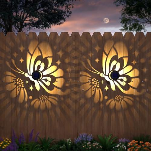 Hapjoy Solar Fence Lights 4 Pack Solar Deck Lamps Outdoor Decorations Powered Step Lights Wall Waterproof LED Warm Decorative Lighting for Garden (Butterfly-Flower, 2)