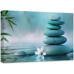 DOARTDO Zen Canvas Wall Art Teal Wall Decor Spa Water Pictures Zen Stone Bathroom Decor White Flowers Prints for Meditation Yoga Spa Artwork Framed (16.00" x 24.00")